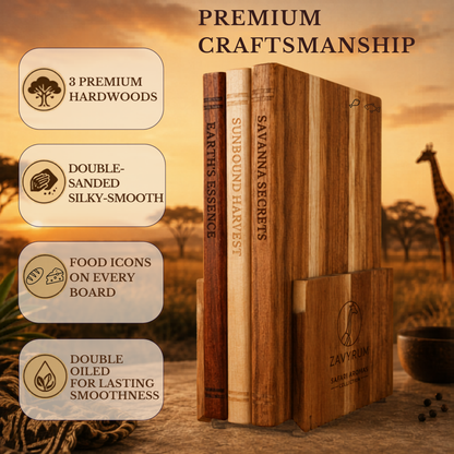 Book Cutting Board Set - 3 Hardwood Chopping Boards
